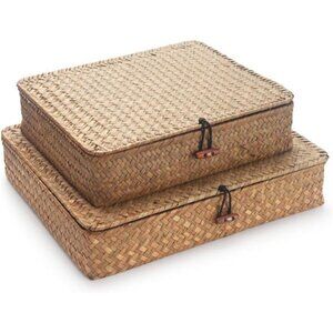 Seagrass Storage Basket Box with Lid Rectangular Woven Shelf Baskets Bins for